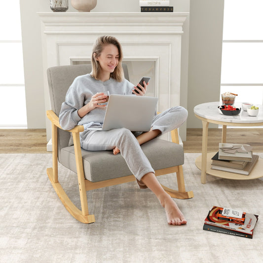 Rocking Chair, Fauteuil à Bascule, Chaise à Bascule, avec Accoudoirs en Bois, Dossier Large Rembourré, Naturel, Costway, 3