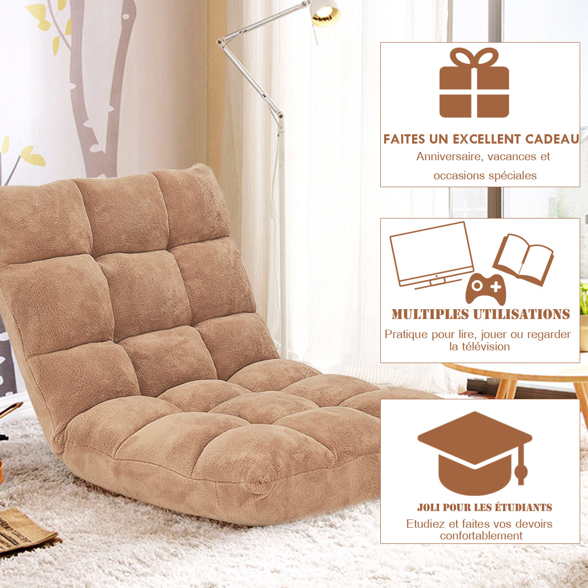 Chaise de Sol, Canapé Lit, Banquette Convertible, Canapé Lit Convertible, avec 14 Positions Réglables Marron, Costway, 8