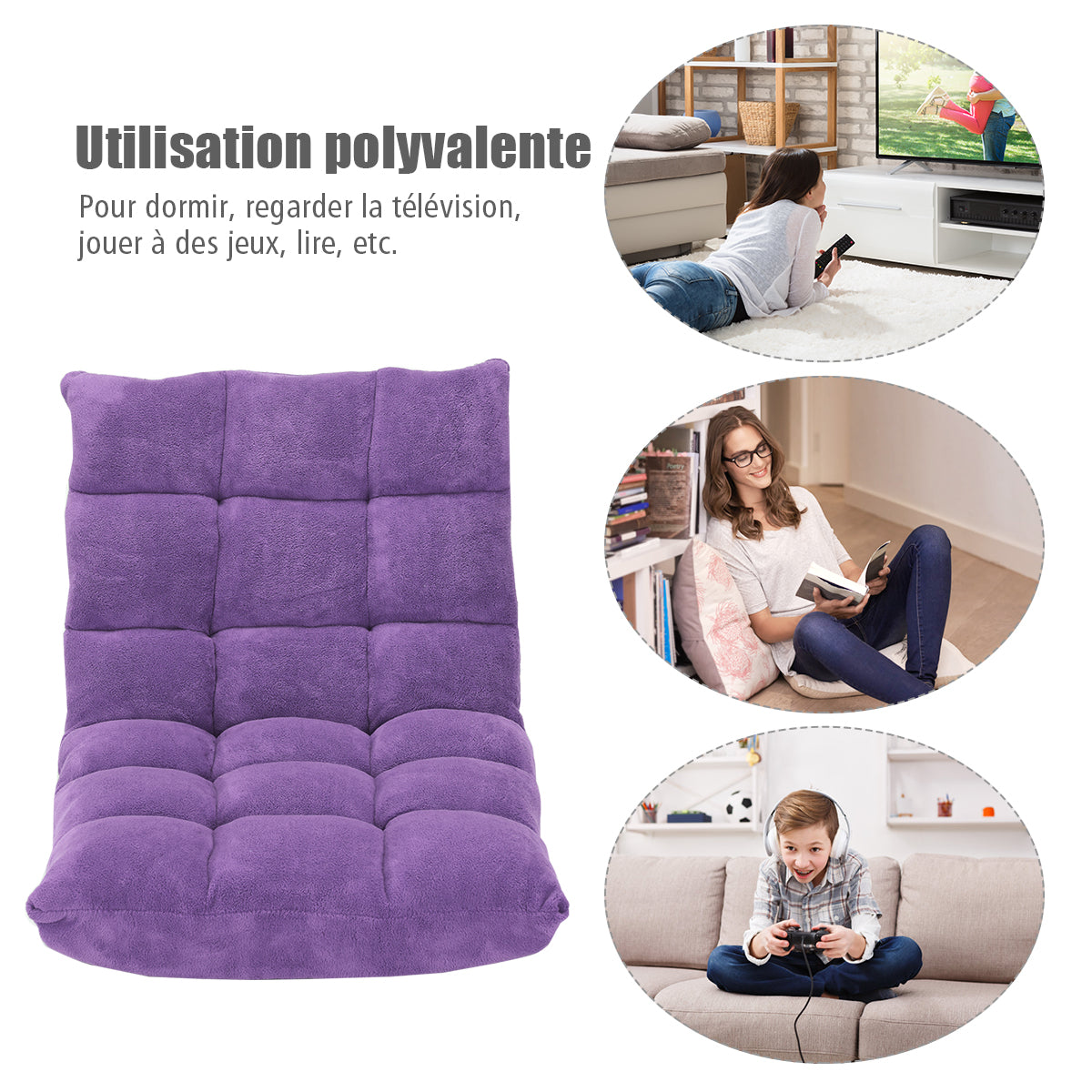 Chaise de Sol, Canapé Lit, Banquette Convertible, Canapé Lit Convertible, avec 14 Positions Réglables Violet, Costway, 8