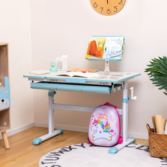 Bureau Enfant, Bureau enfant Primaire, avec Hauteur Réglable, Plateau Incliné 0-60° Support de Livre & Tiroir, Bleu, Costway, 2