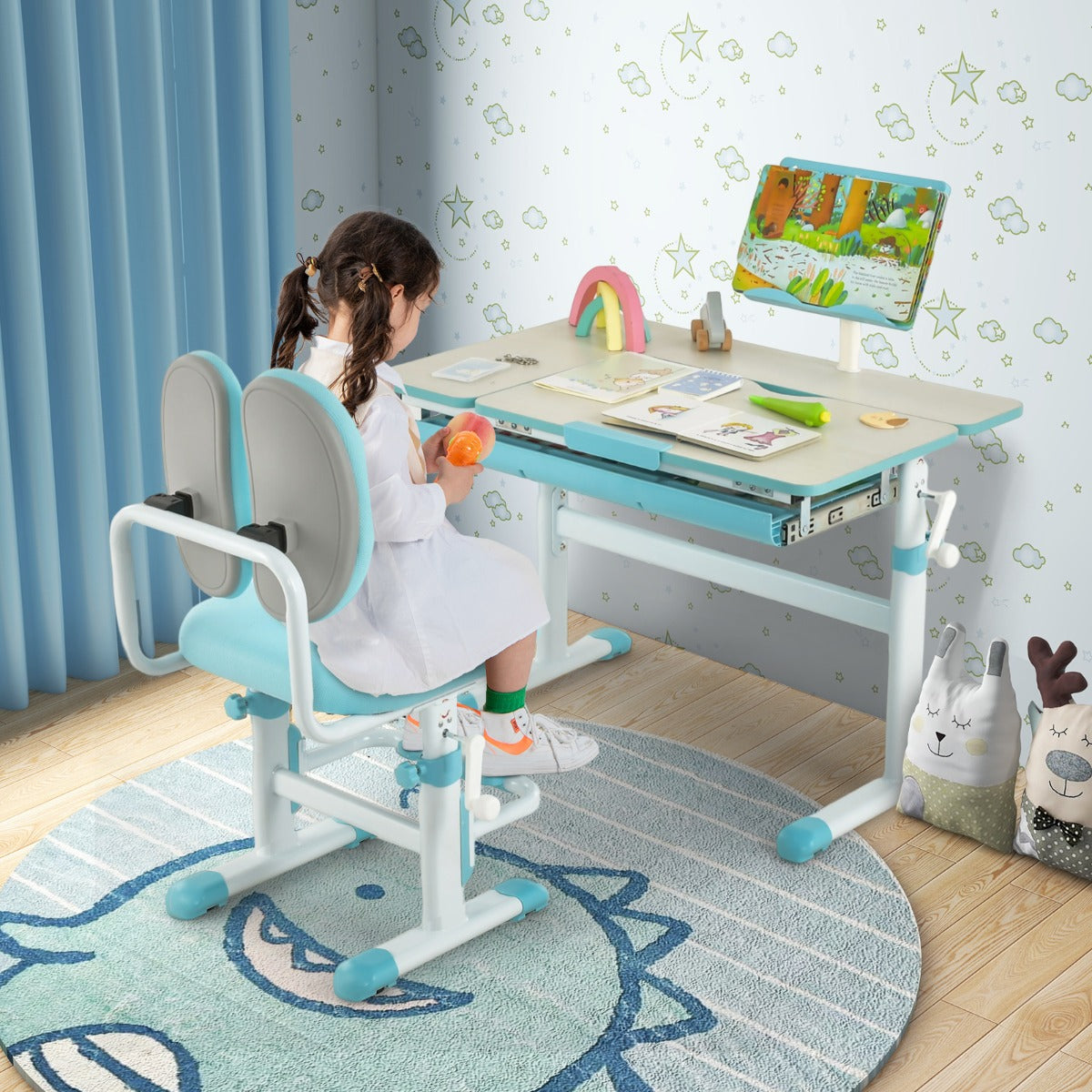 Bureau Enfant, Bureau enfant Primaire, avec Hauteur Réglable, Plateau Incliné 0-60° Support de Livre & Tiroir, Bleu, Costway, 3