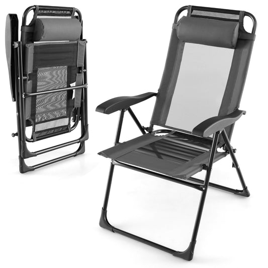 Chaise Longue, Lot de 2, Chaises de Jardin, Chaise Exterieur, Pliante en Tissu Oxford, Appuie-Tête, 7 Positions, Gris, Costway, 1