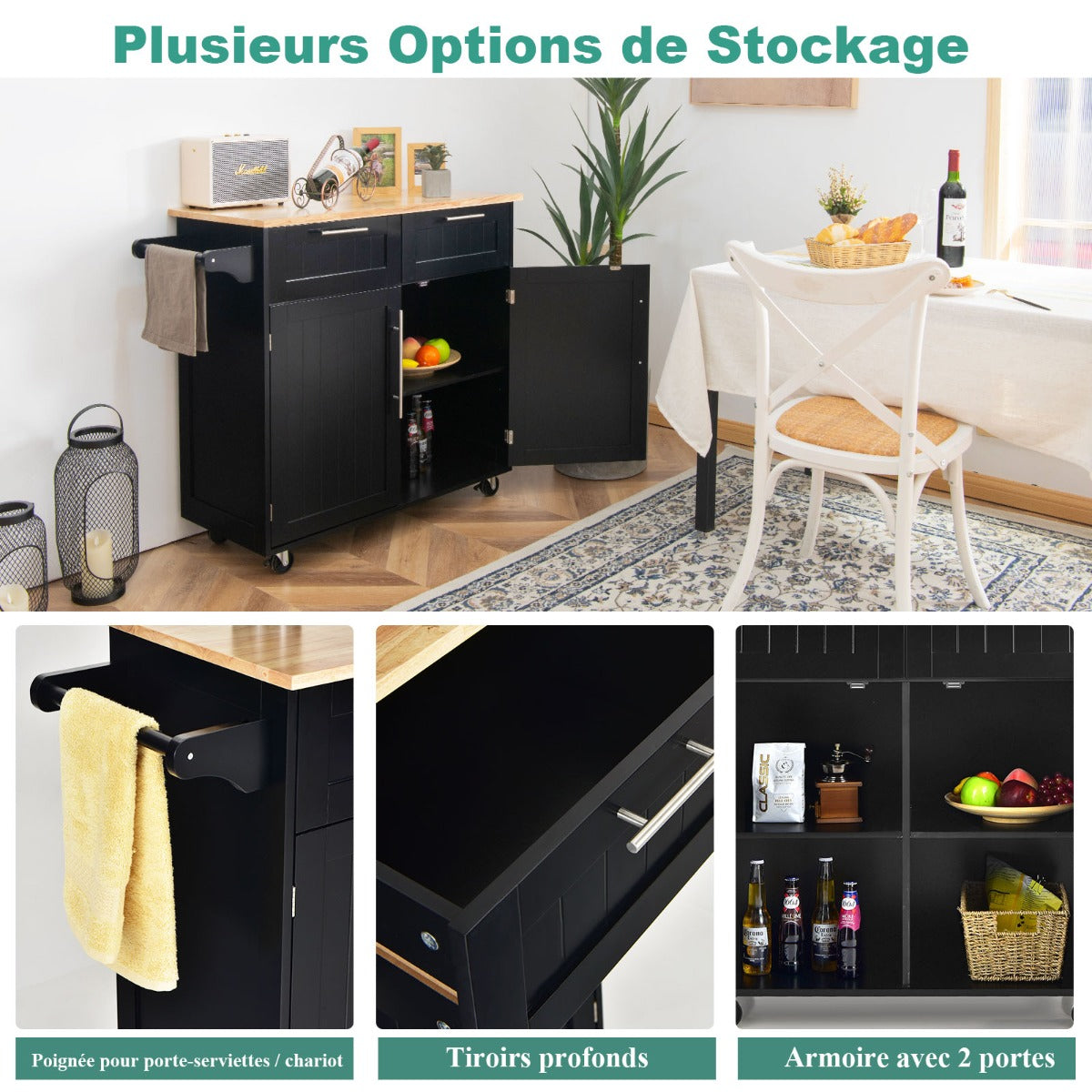 Chariot de Rangement, Ilot de Cuisine, Desserte a Roulette, Desserte de Cuisine, 2 Tiroirs, 2 Portes, Noir, Costway, 5