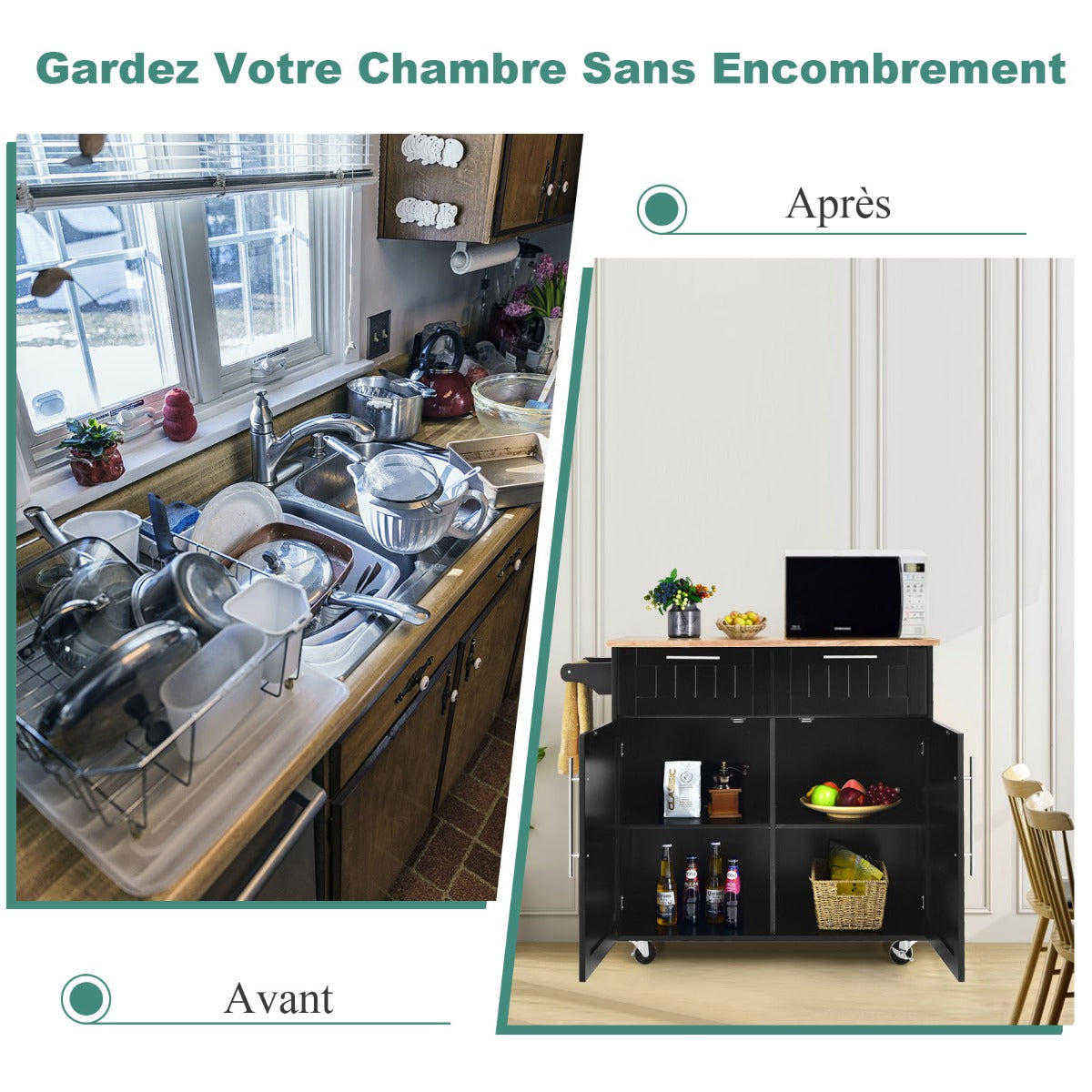 Chariot de Rangement, Ilot de Cuisine, Desserte a Roulette, Desserte de Cuisine, 2 Tiroirs, 2 Portes, Noir, Costway, 6