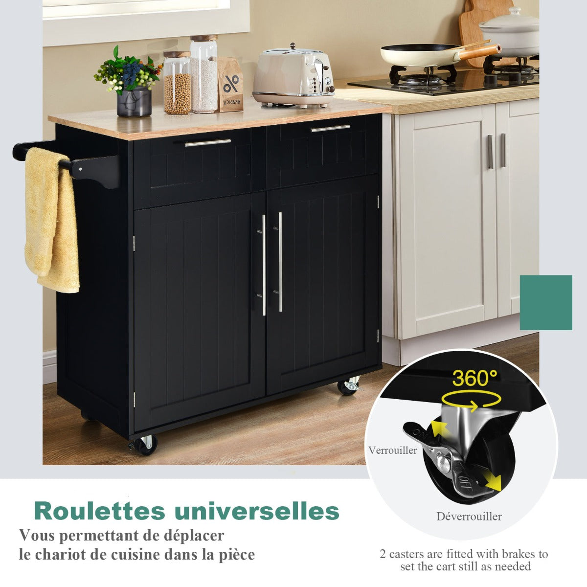 Chariot de Rangement, Ilot de Cuisine, Desserte a Roulette, Desserte de Cuisine, 2 Tiroirs, 2 Portes, Noir, Costway, 7