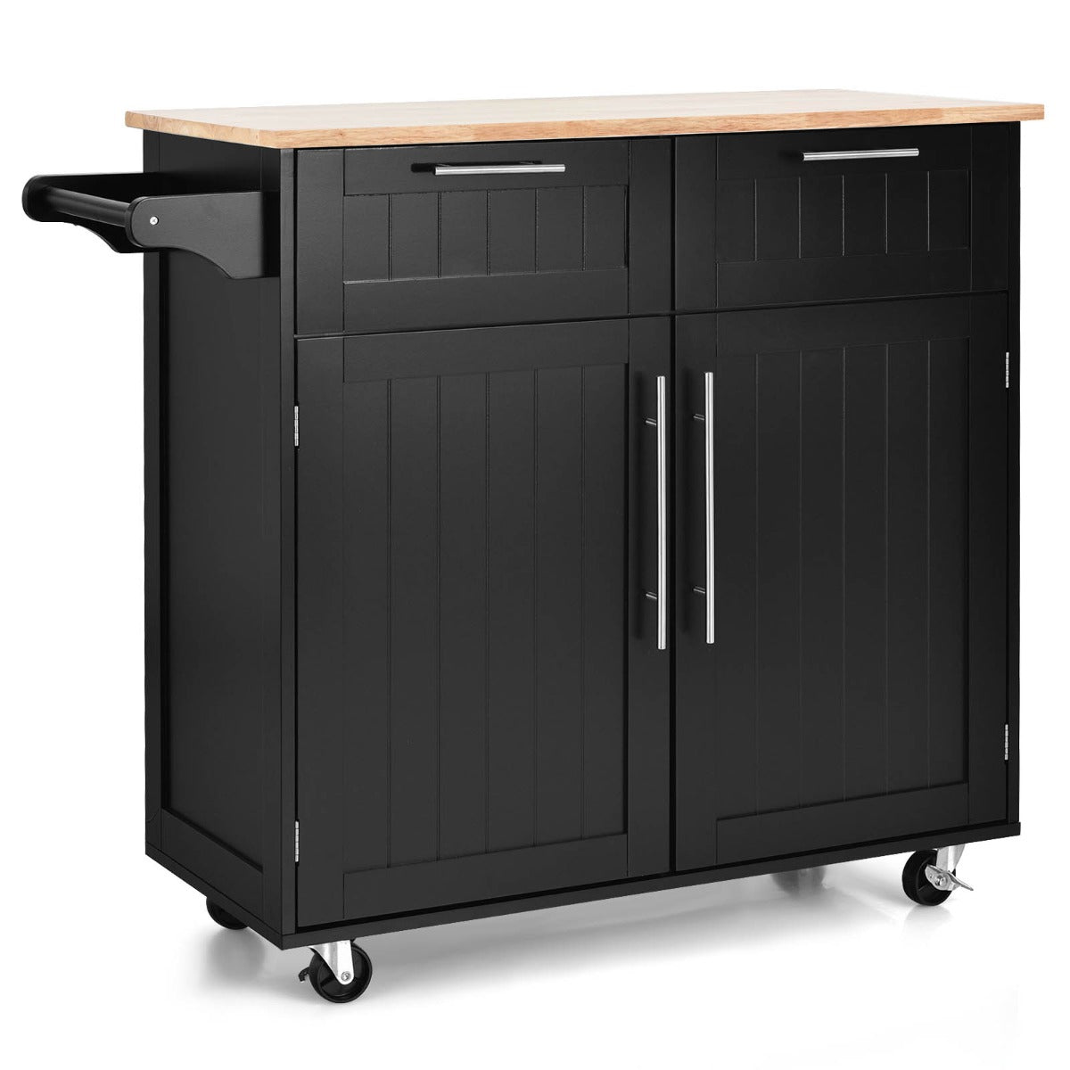 Chariot de Rangement, Ilot de Cuisine, Desserte a Roulette, Desserte de Cuisine, 2 Tiroirs, 2 Portes, Noir, Costway, 1