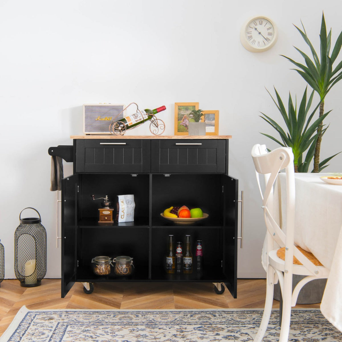 Chariot de Rangement, Ilot de Cuisine, Desserte a Roulette, Desserte de Cuisine, 2 Tiroirs, 2 Portes, Noir, Costway, 3