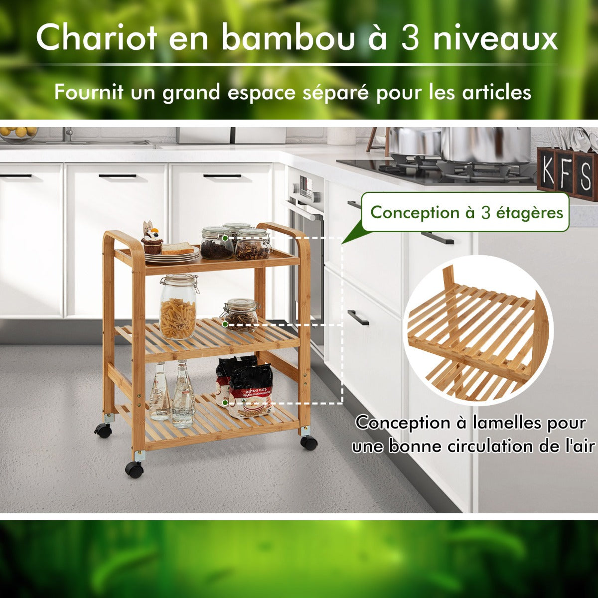 Desserte a Roulette, 3 Niveaux, Desserte de Cuisine, Chariot de Rangement, en Bambou, avec Roulettes, Latérales Supportà , Costway, 7