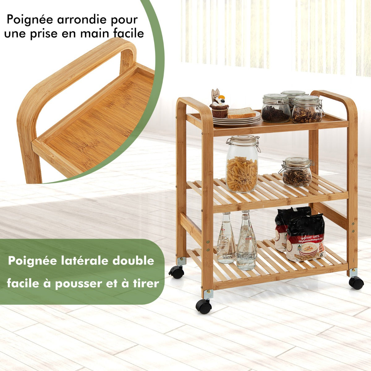 Desserte a Roulette, 3 Niveaux, Desserte de Cuisine, Chariot de Rangement, en Bambou, avec Roulettes, Latérales Supportà , Costway, 6