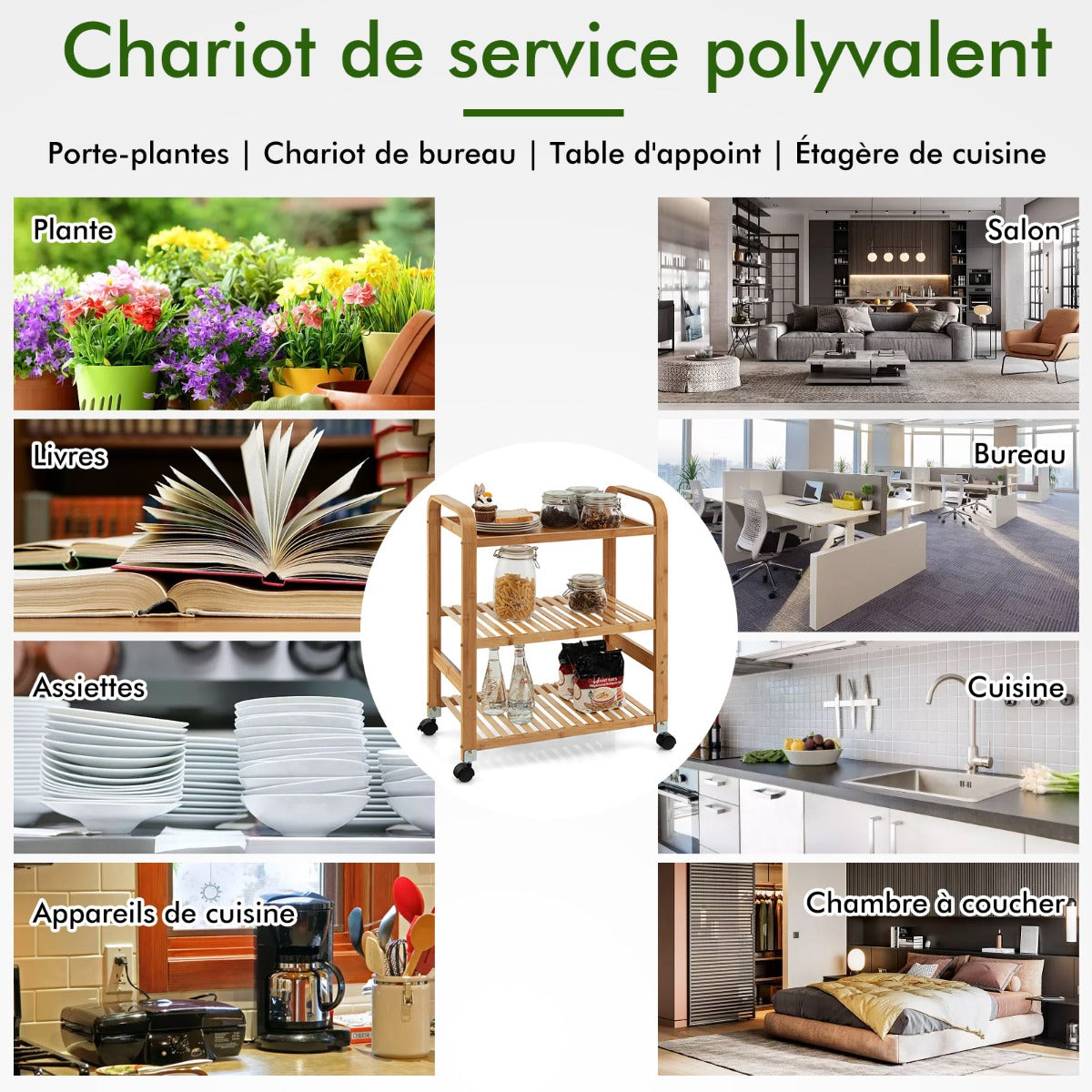 Desserte a Roulette, 3 Niveaux, Desserte de Cuisine, Chariot de Rangement, en Bambou, avec Roulettes, Latérales Supportà , Costway, 8