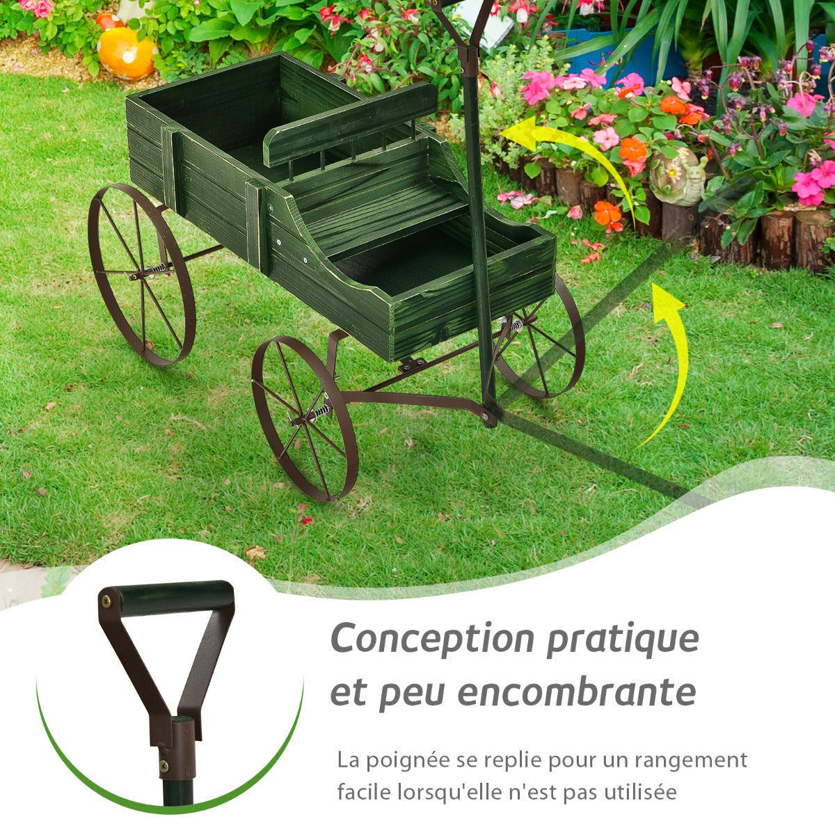 Support Plante, Support pot de Fleur, Brouette Décorative en Bois avec 2 Compartiments à Planter Roues Métalliques, Vert, Costway, 8