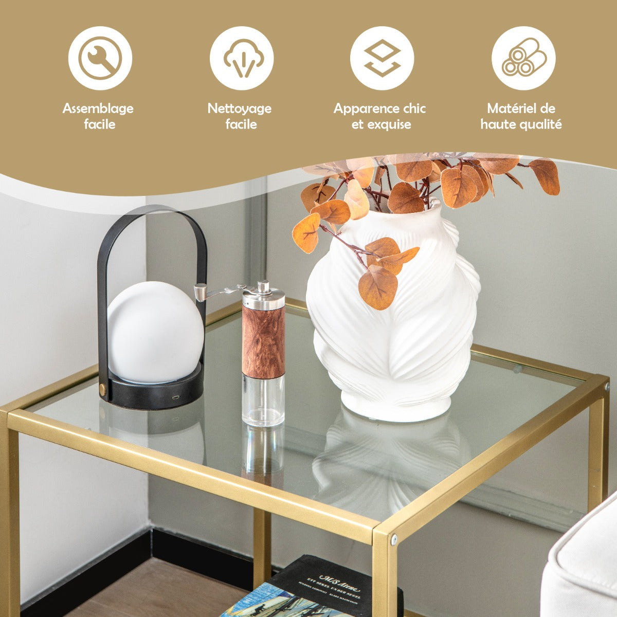 Table Basse Verre, Table de Salon, Table Verre, 2 Niveaux avec Cadre en Métal Doré Table d'Appoint, Costway, 8