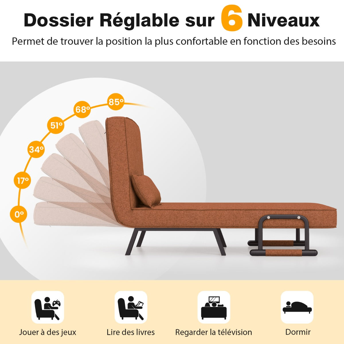 Fauteuil Convertible, Dossier Réglable en 6 Positions, Canapé Lit 1 Place, Fauteuil Confortable, Café, Costway, 8
