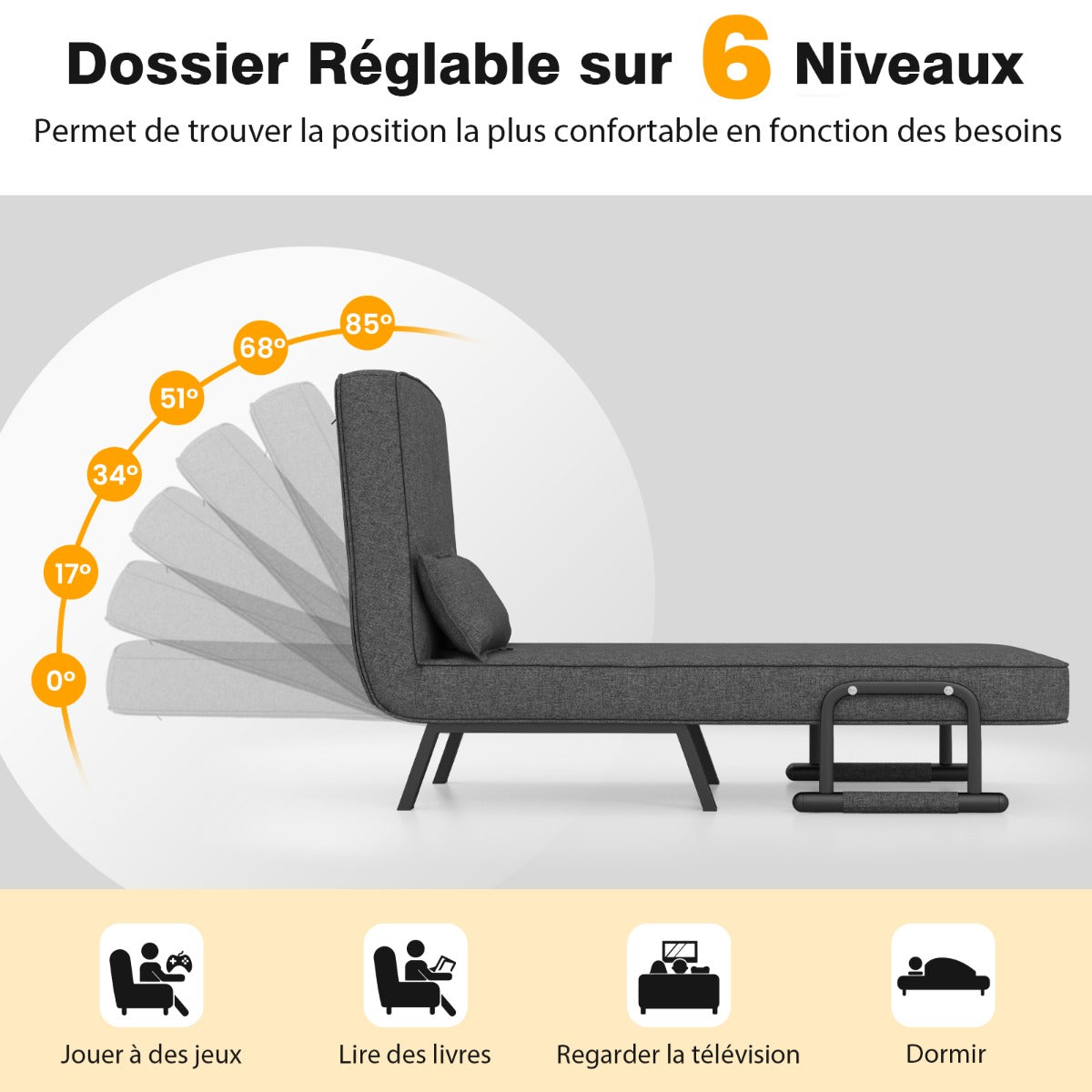 Fauteuil Convertible, Dossier Réglable en 6 Positions, Canapé Lit 1 Place, Fauteuil Confortable, Fauteuil Salon, Gris, Costway, 8