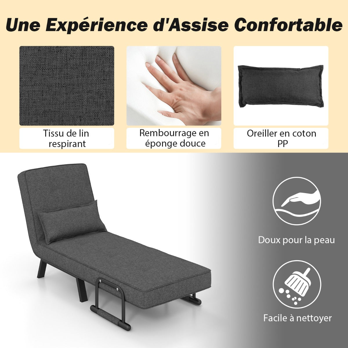 Fauteuil Convertible, Dossier Réglable en 6 Positions, Canapé Lit 1 Place, Fauteuil Confortable, Fauteuil Salon, Gris, Costway, 7