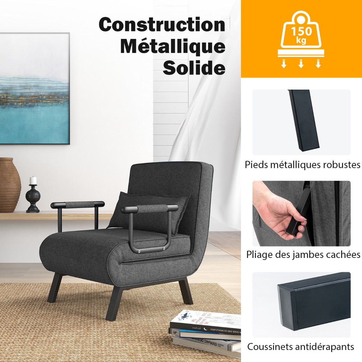 Fauteuil Convertible, Dossier Réglable en 6 Positions, Canapé Lit 1 Place, Fauteuil Confortable, Fauteuil Salon, Gris, Costway, 6