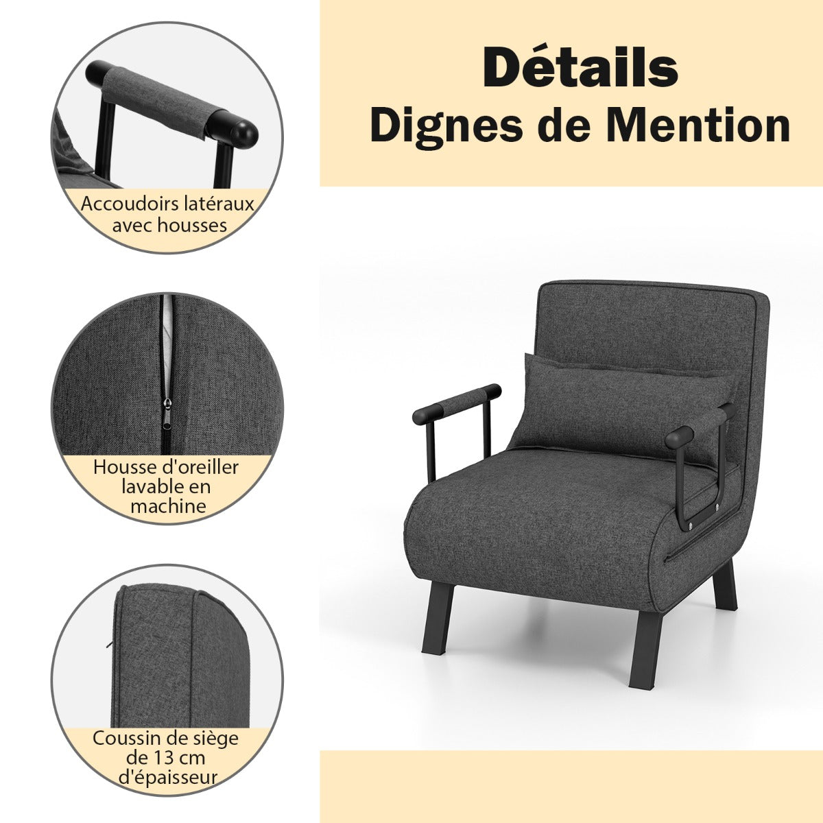 Fauteuil Convertible, Dossier Réglable en 6 Positions, Canapé Lit 1 Place, Fauteuil Confortable, Fauteuil Salon, Gris, Costway, 5
