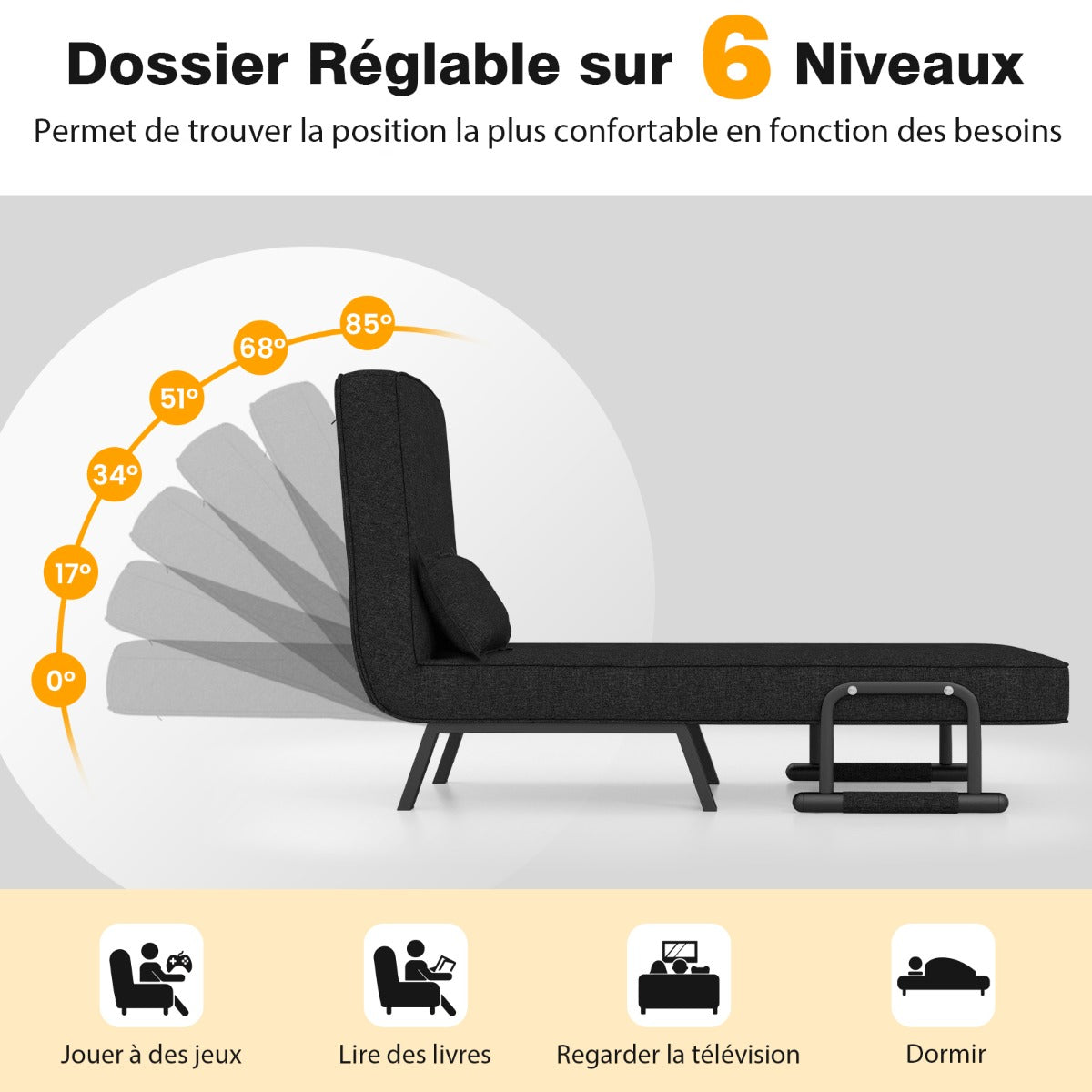Fauteuil Convertible, Dossier Réglable en 6 Positions, Canapé Lit 1 Place, Fauteuil Confortable, Noir, Costway, 8