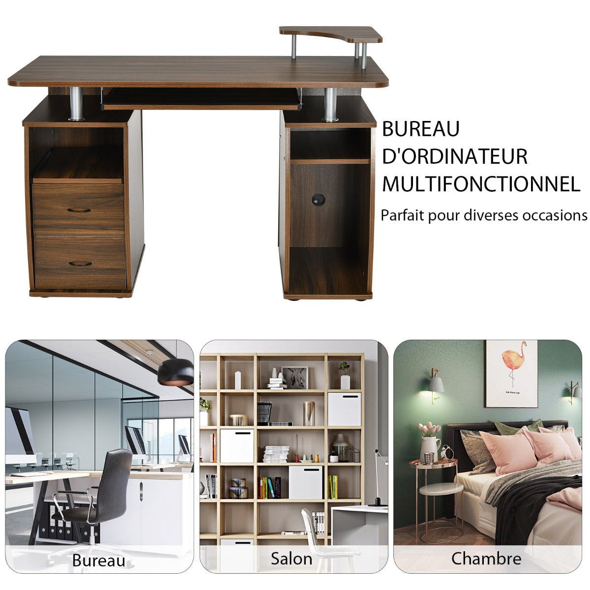 Bureau Ordinateur, Bureau Informatique, Bureau Moderne, Table de Bureau, Poste de Travail avec Tiroirs en Mdf, Costway, 8