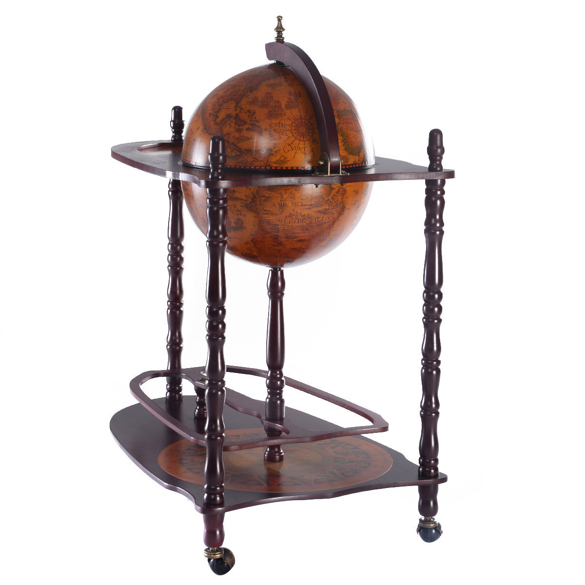 Bar Globe, Casier a Bouteille, Porte Bouteille Vin, Range Bouteille, Minibar Etagère en bois Bar roulant Marron, Costway, 3