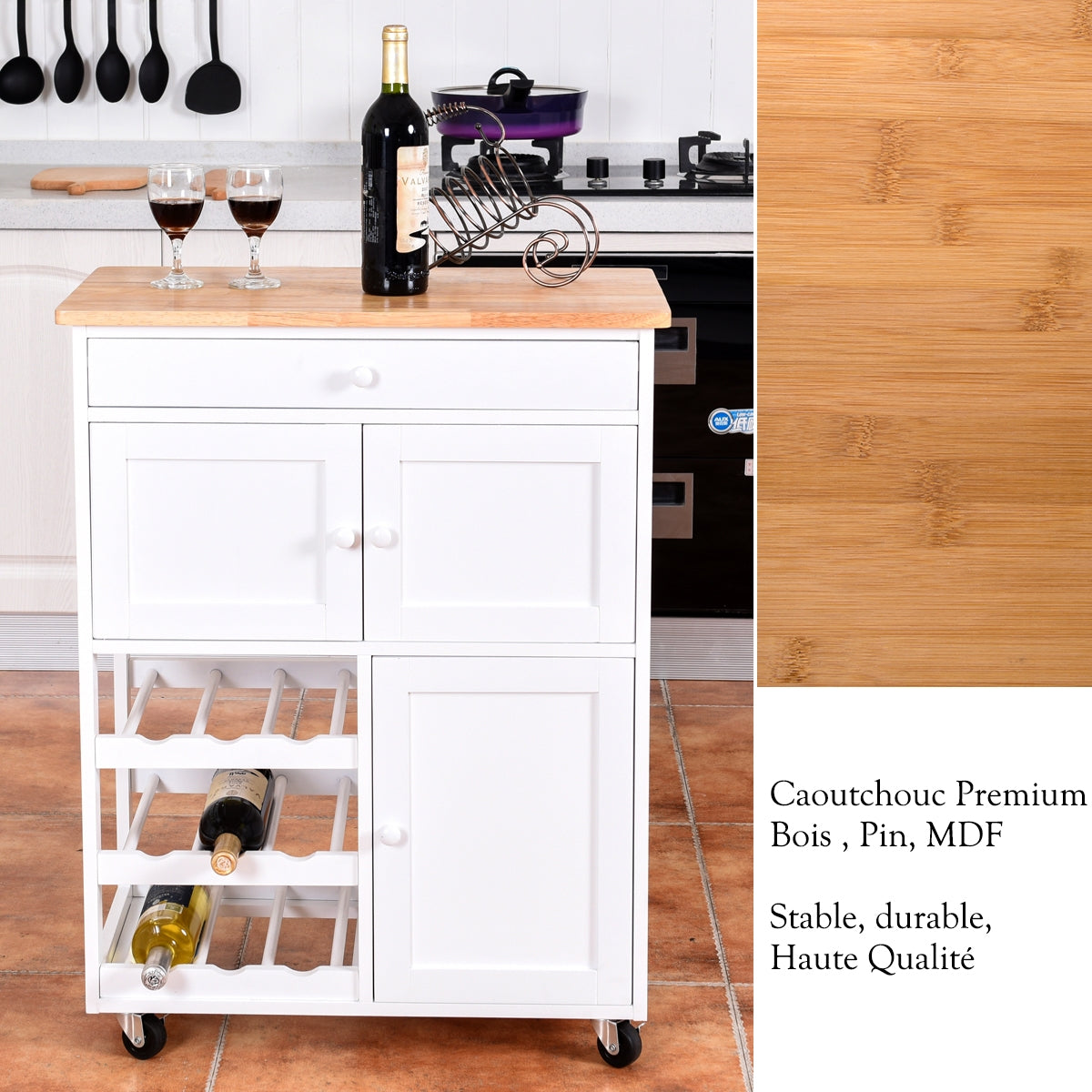 Chariot de Rangement, Ilot de Cuisine, Desserte de Cuisine, Casier a Bouteille, 1 Tiroir, 2 Armoires, Blanc, Costway, 8