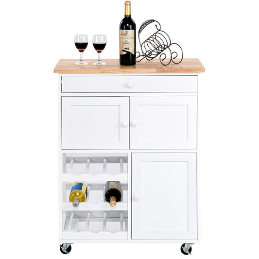 Chariot de Rangement, Ilot de Cuisine, Desserte de Cuisine, Casier a Bouteille, 1 Tiroir, 2 Armoires, Blanc, Costway, 1