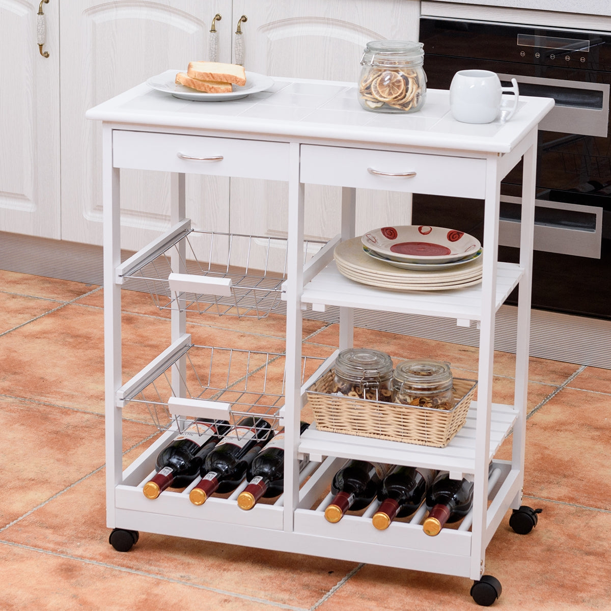 Chariot de Rangement, Desserte a Roulette, Range bouteille, Porte bouteille vin, Étagères 2 Tiroirs Bois de Pin, Blanc, Costway, 2