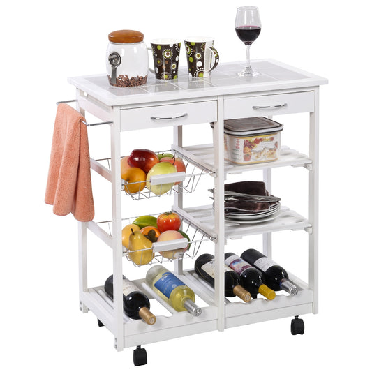 Chariot de Rangement, Desserte a Roulette, Range bouteille, Porte bouteille vin, Étagères 2 Tiroirs Bois de Pin, Blanc, Costway, 1