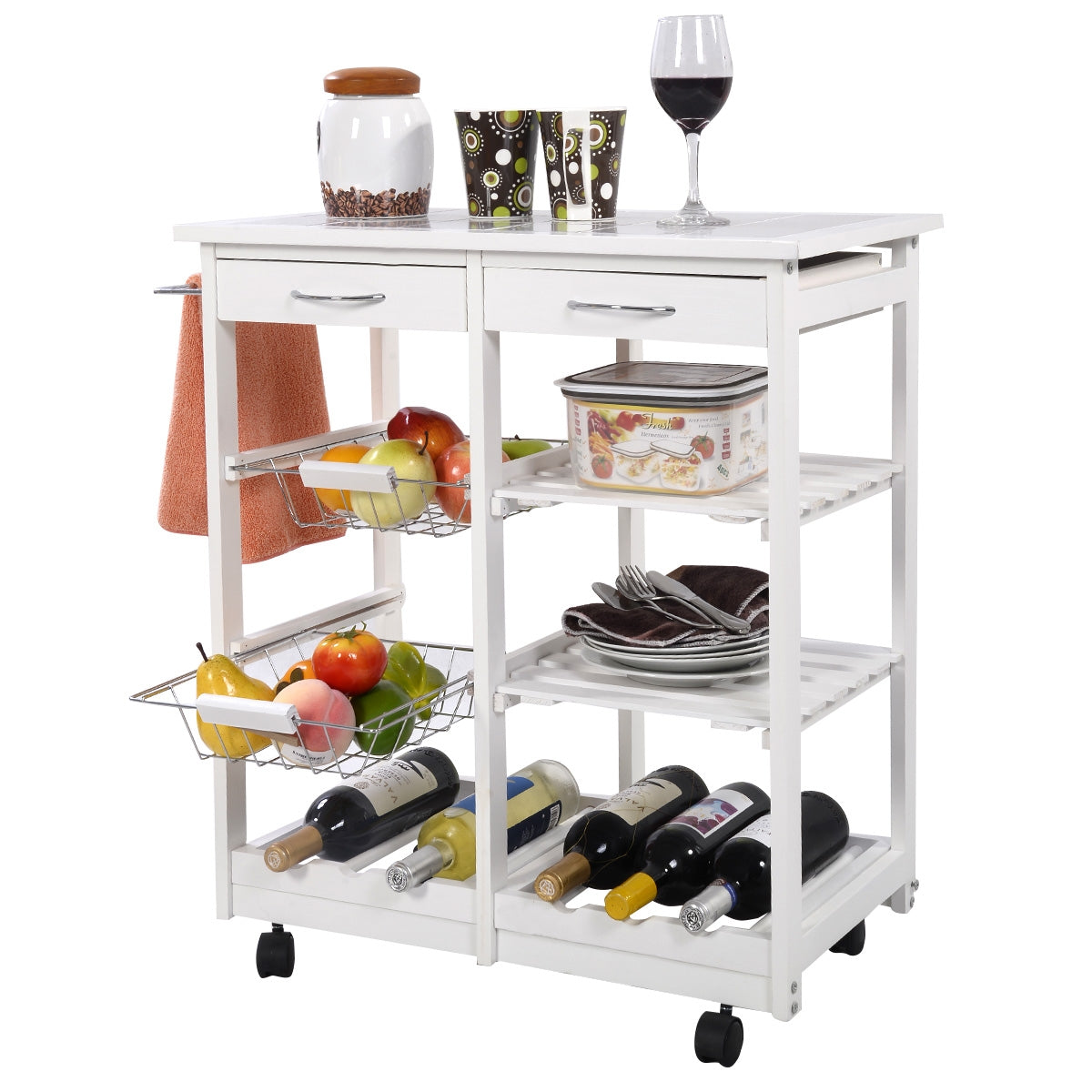 Chariot de Rangement, Desserte a Roulette, Range bouteille, Porte bouteille vin, Étagères 2 Tiroirs Bois de Pin, Blanc, Costway, 4
