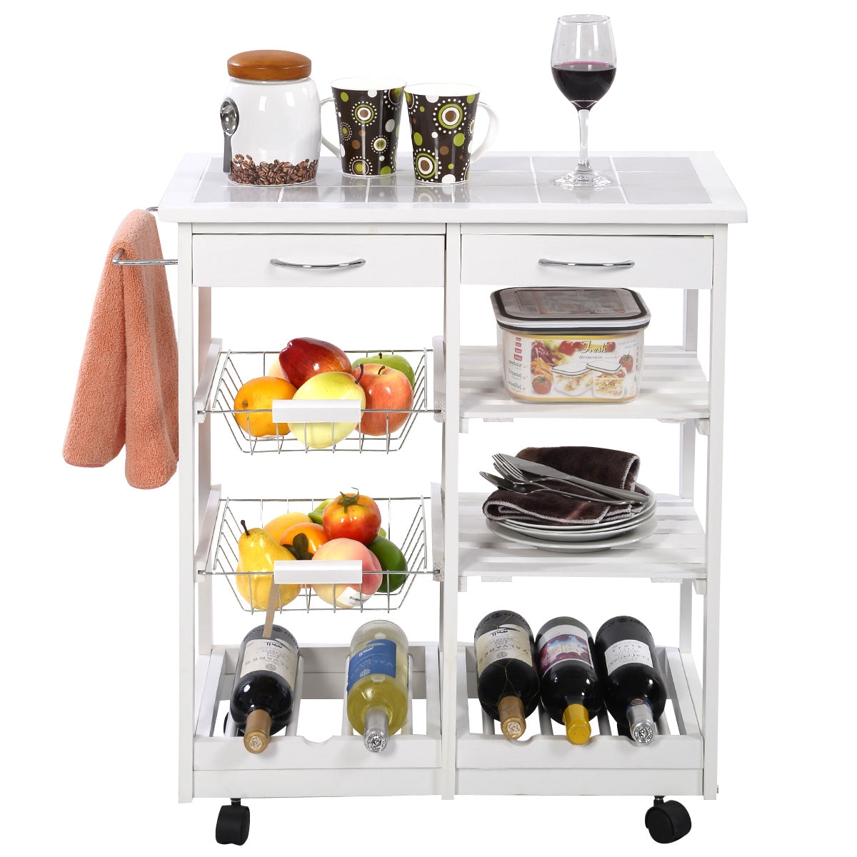 Chariot de Rangement, Desserte a Roulette, Range bouteille, Porte bouteille vin, Étagères 2 Tiroirs Bois de Pin, Blanc, Costway, 3