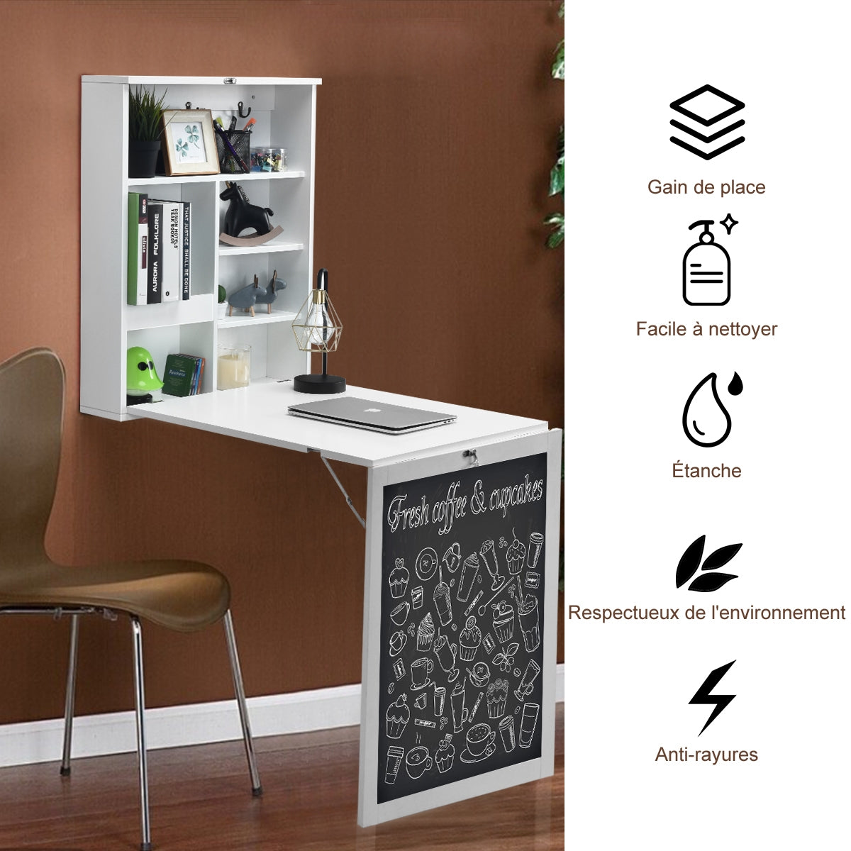 Bureau Pliable Mural, Bureau Pliable, Bureau Ordinateur, Bureau Informatique, Bureau Moderne, Table de Bureau, Costway, 7