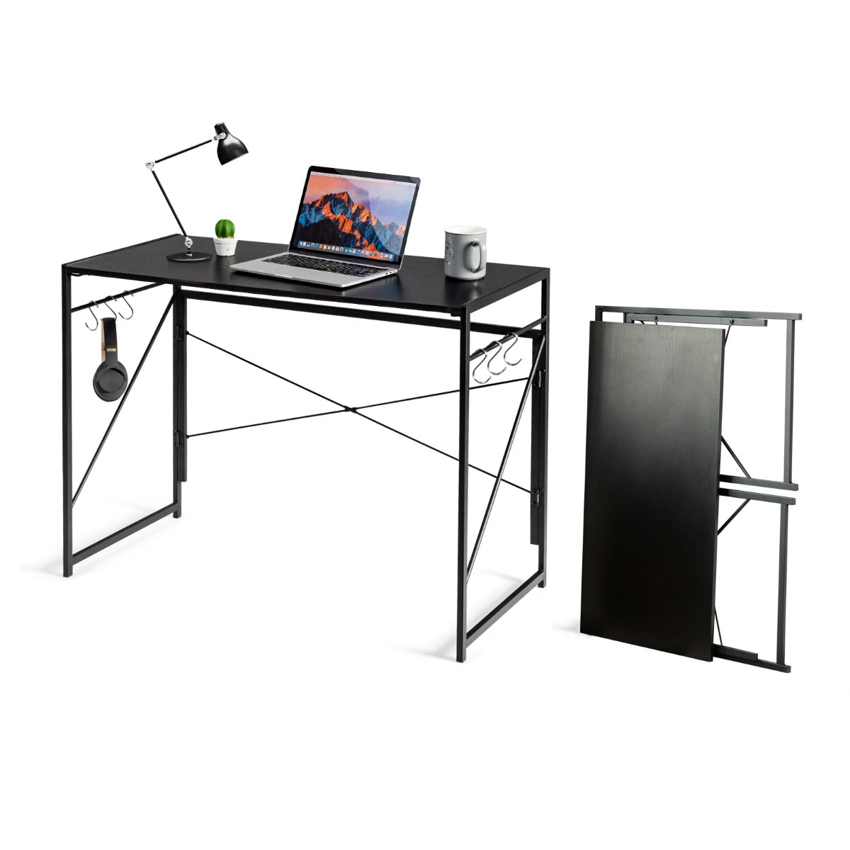 Bureau Pliable, Bureau Ordinateur, Bureau Informatique, Bureau Moderne, Table de Bureau, Poste de Travail, Noir, Costway, 5