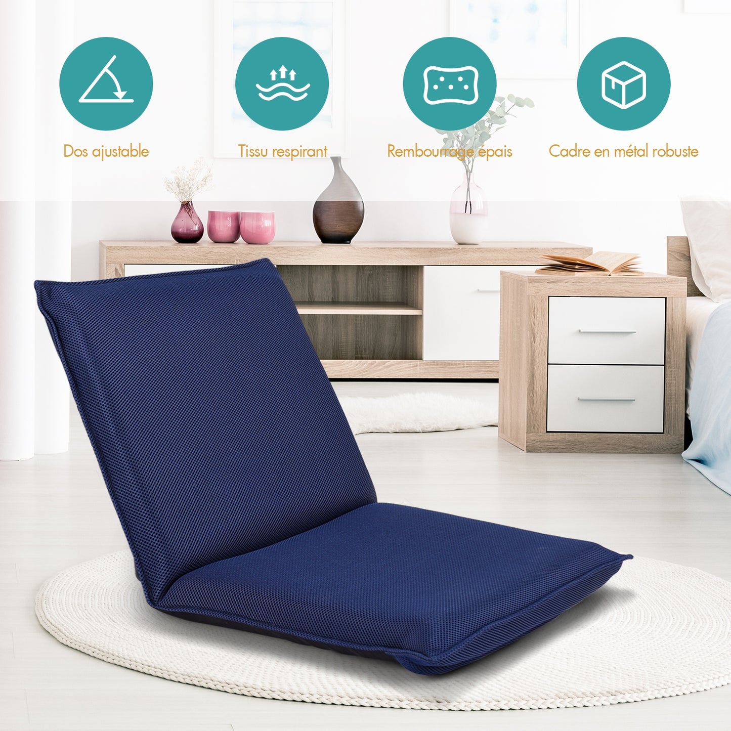 Chaise de Sol, Banquette Convertible, Pliable Tatami Inclinable en 6 Position, 44 x 54,5 x 53,5 CM, Bleu marine, Costway, 4