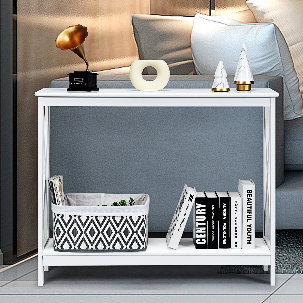 Console d'entrée, Petite Table, Petite Console Entrée, Table Console, Table de salon, Style Industriel, Blanc, Costway, 4