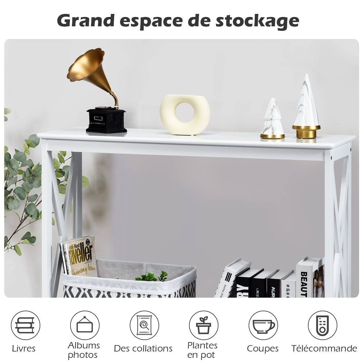 Console d'entrée, Petite Table, Petite Console Entrée, Table Console, Table de salon, Style Industriel, Blanc, Costway, 8