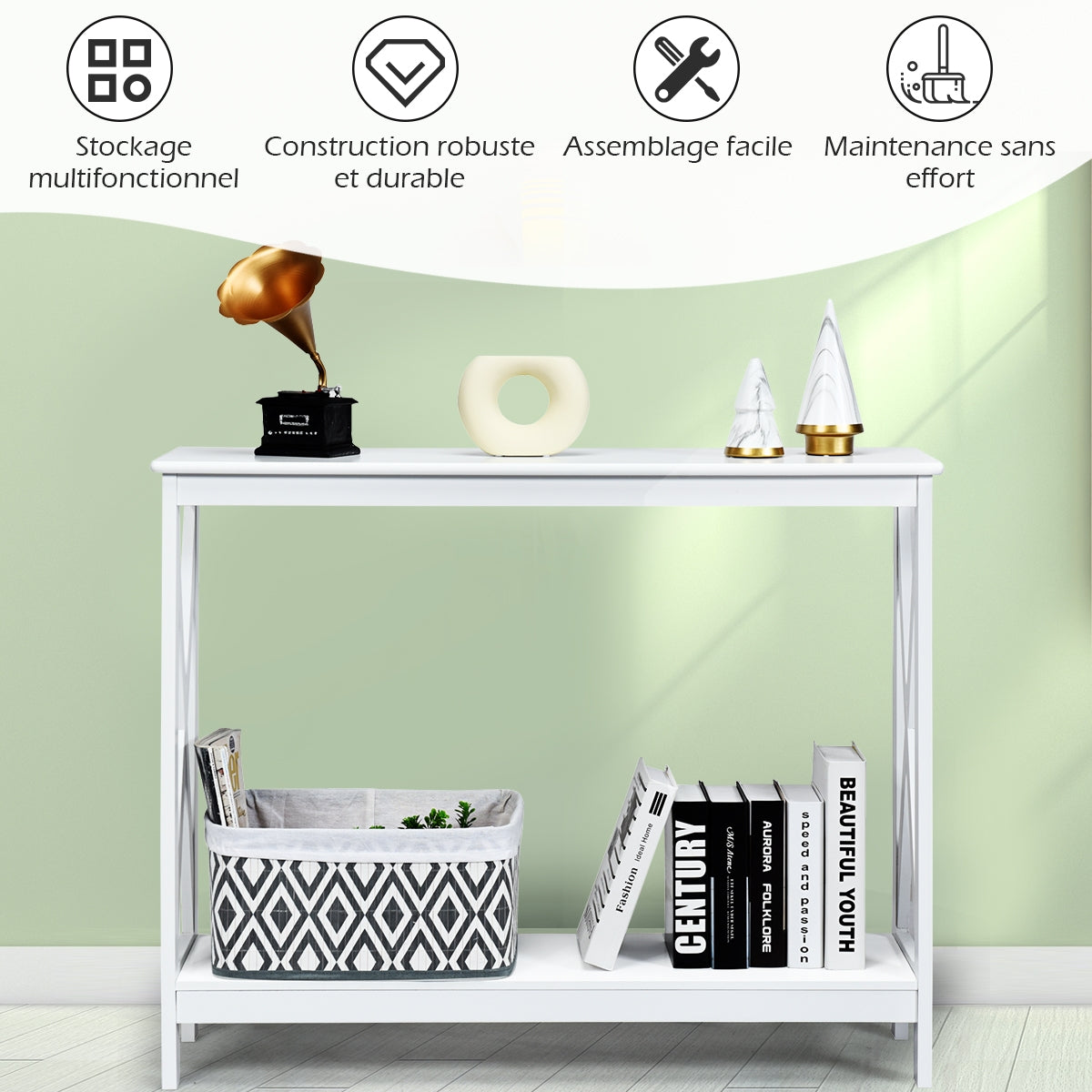 Console d'entrée, Petite Table, Petite Console Entrée, Table Console, Table de salon, Style Industriel, Blanc, Costway, 7