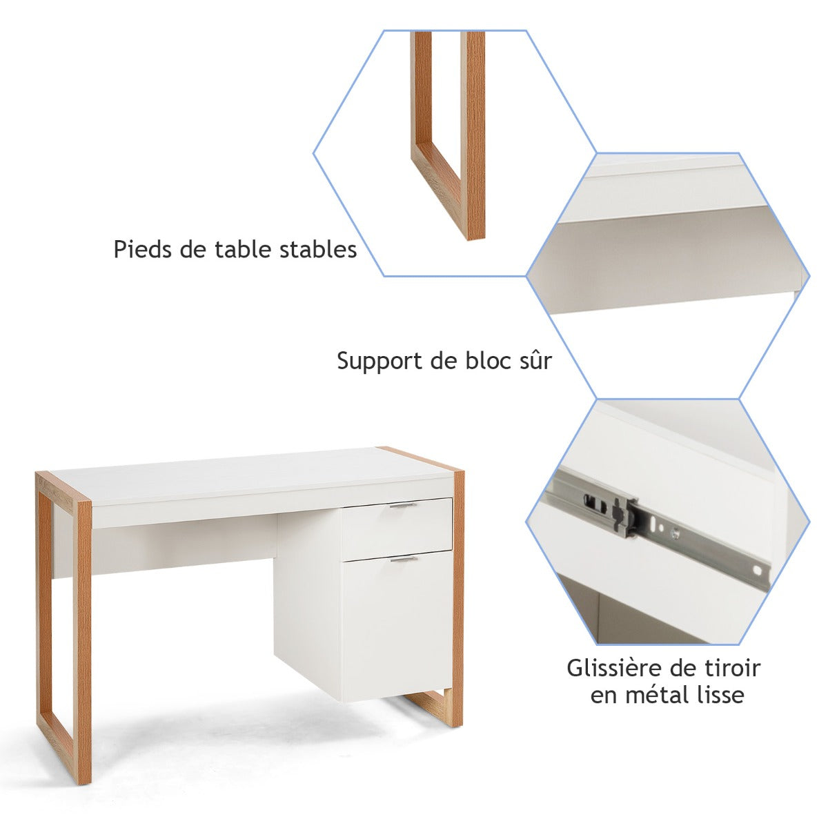 Bureau Ordinateur, Bureau Informatique, Bureau Moderne, Table de Bureau, Poste de Travail avec 2 Tiroirs, Blanc, Costway, 4