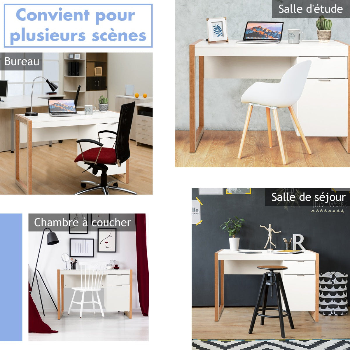 Bureau Ordinateur, Bureau Informatique, Bureau Moderne, Table de Bureau, Poste de Travail avec 2 Tiroirs, Blanc, Costway, 5