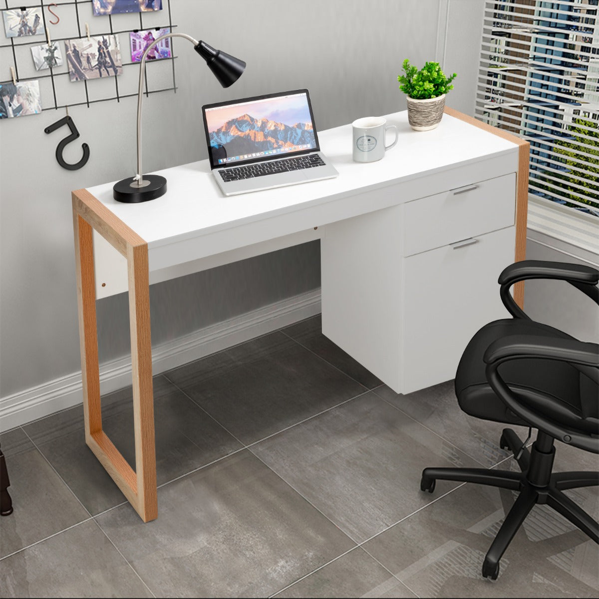 Bureau Ordinateur, Bureau Informatique, Bureau Moderne, Table de Bureau, Poste de Travail avec 2 Tiroirs, Blanc, Costway, 3