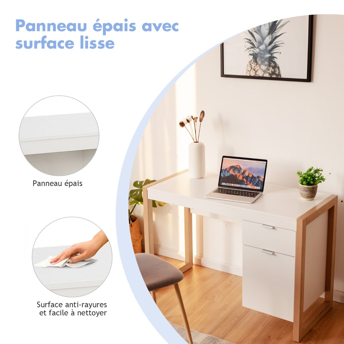 Bureau Ordinateur, Bureau Informatique, Bureau Moderne, Table de Bureau, Poste de Travail avec 2 Tiroirs, Blanc, Costway, 6