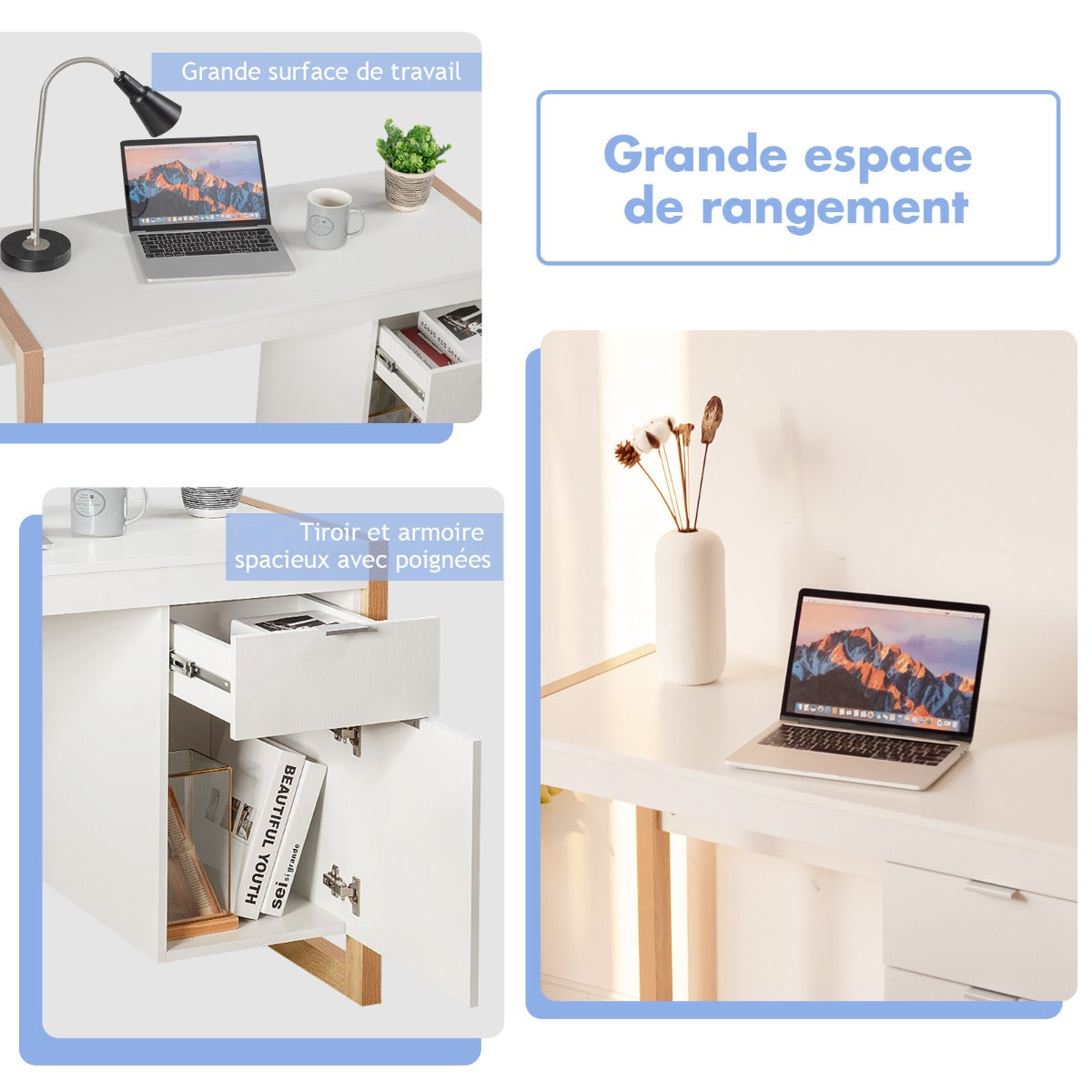 Bureau Ordinateur, Bureau Informatique, Bureau Moderne, Table de Bureau, Poste de Travail avec 2 Tiroirs, Blanc, Costway, 8