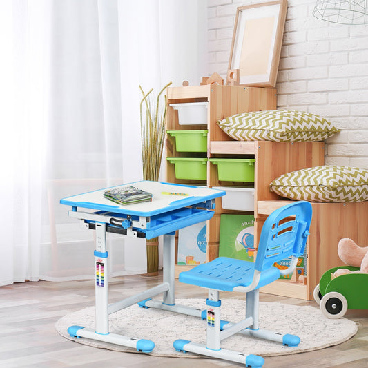 Table et Chaise enfant, Bureau Enfant Primaire, Réglable en Hauteur avec Tiroir Inclinable, en MDF+PP, Bleu, Costway, 2