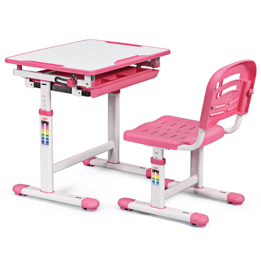 Bureau Enfant, Bureau Enfant Primaire, Ergonomique Hauteur et angle réglable 0-40° Ensemble Table, Rose, Costway, 1