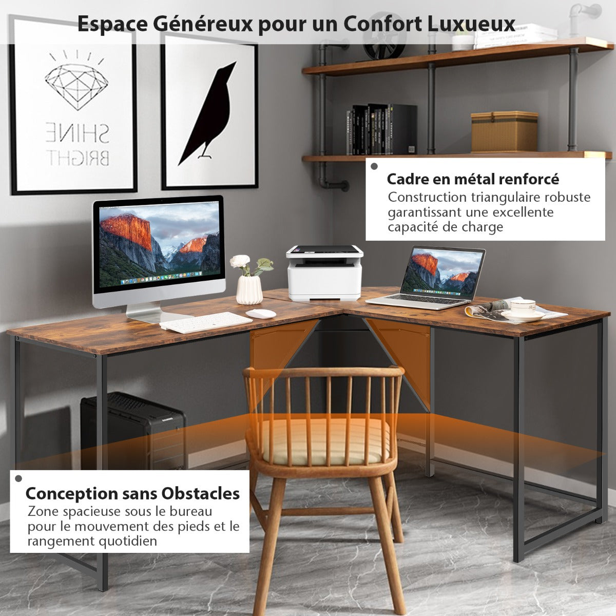 Bureau d'Angle, Bureau Ordinateur, Bureau Informatique, Grand Bureau, Bureau Moderne, Bureau en L, Costway, 8