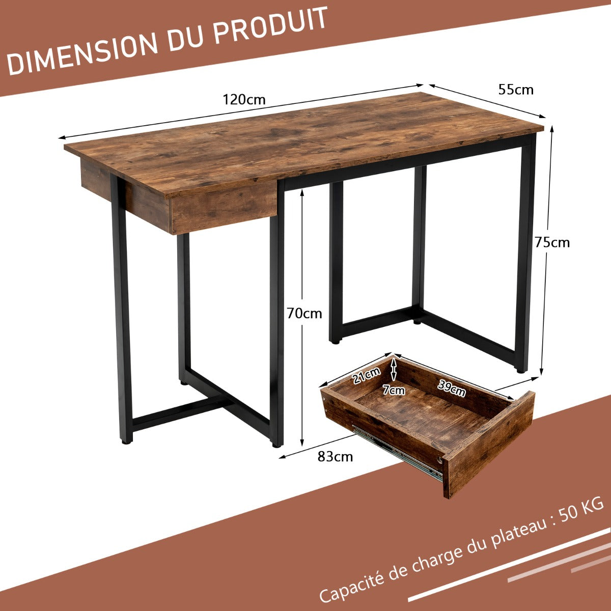 Bureau Ordinateur, Bureau Informatique de 120 cm, Bureau Moderne, Table de Bureau avec Roulant, Poste de Travail, Costway, 8