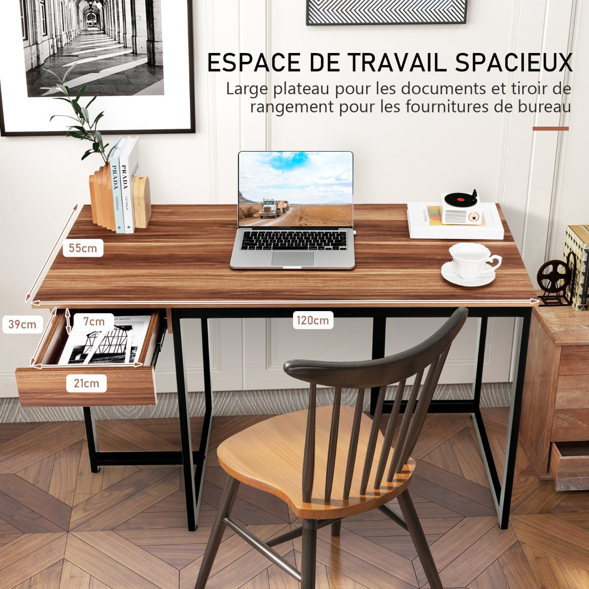 Bureau Ordinateur, Bureau Informatique de 120 cm, Bureau Moderne, Table de Bureau avec Roulant, Poste de Travail, Costway, 4