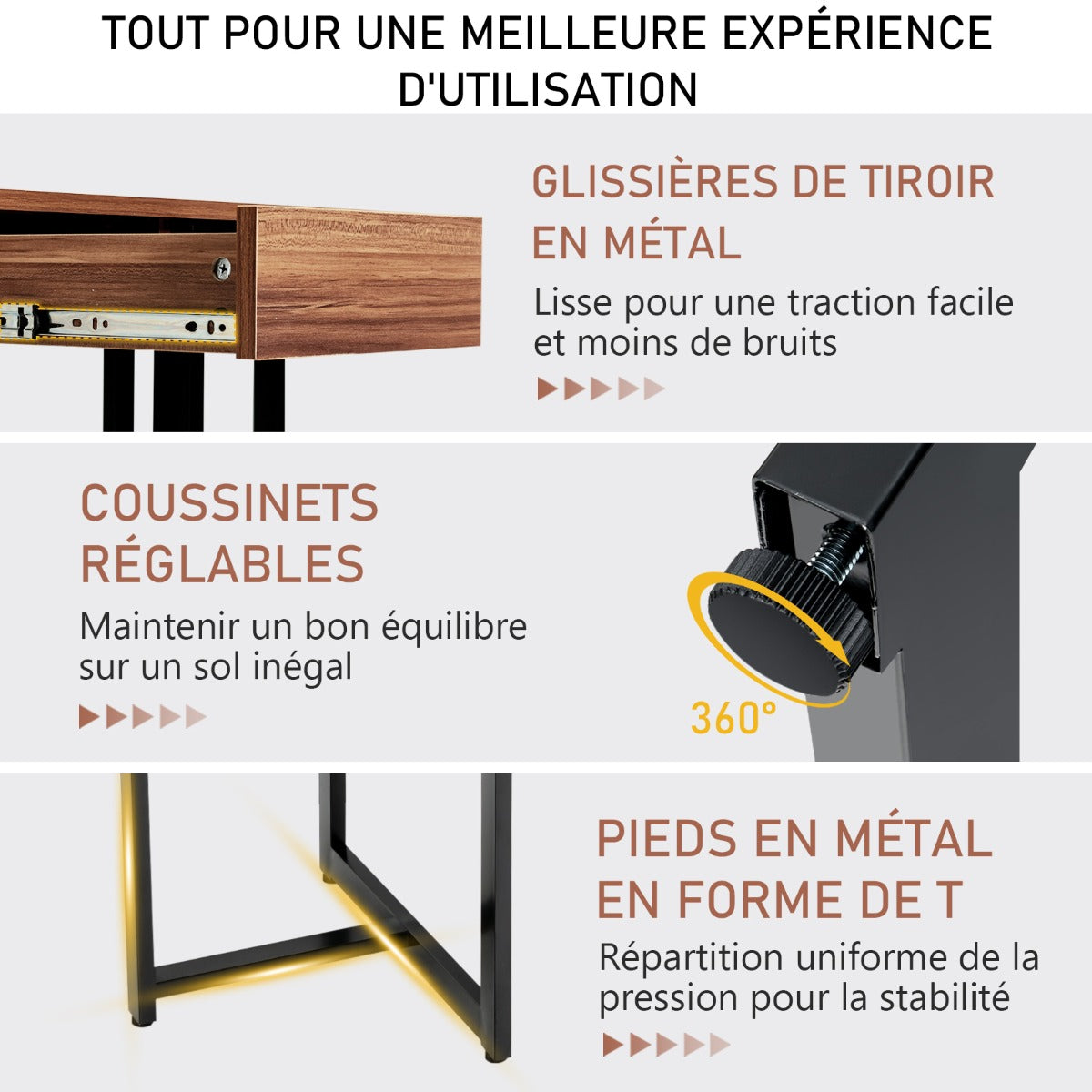 Bureau Ordinateur, Bureau Informatique de 120 cm, Bureau Moderne, Table de Bureau avec Roulant, Poste de Travail, Costway, 3
