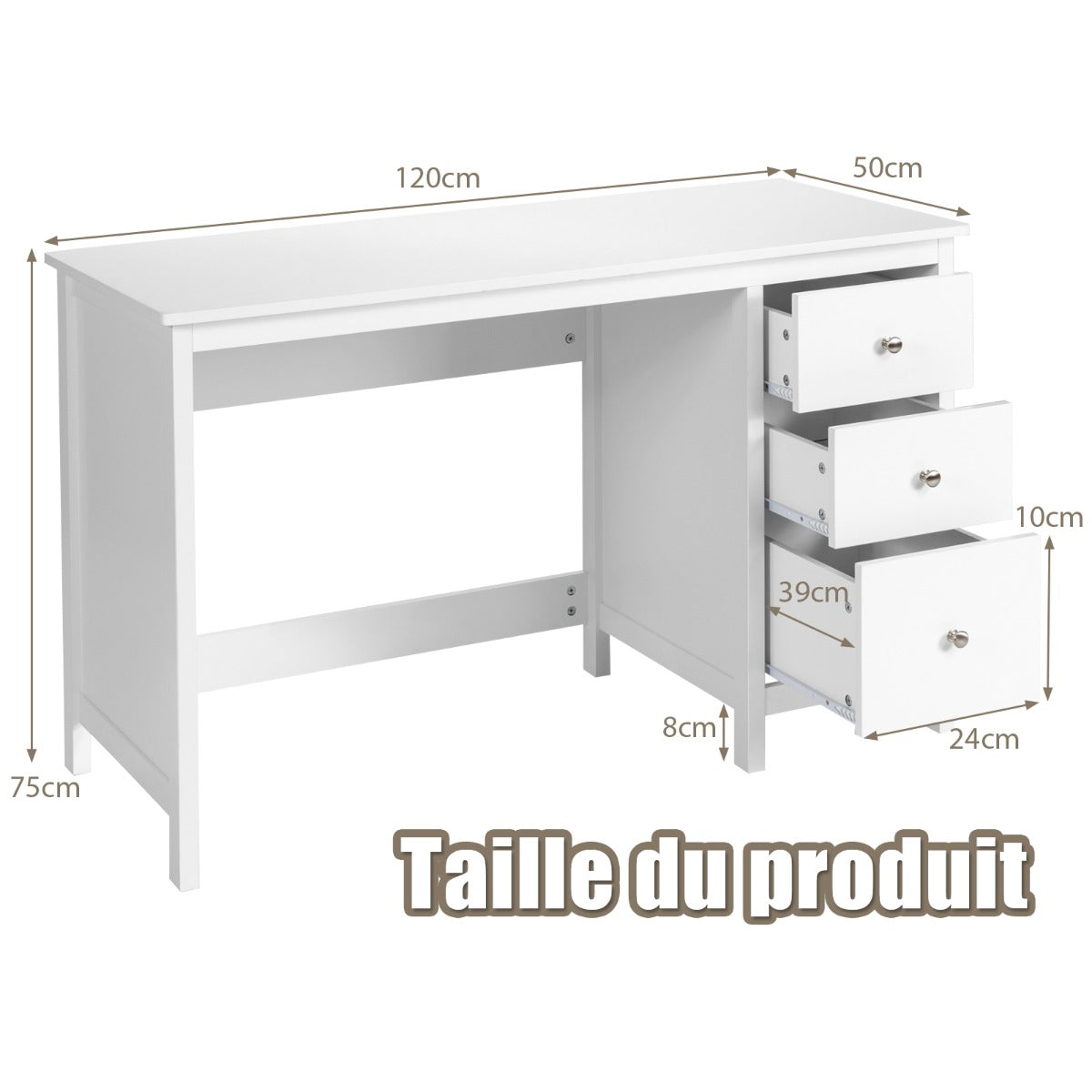 Bureau Ordinateur, Bureau Informatique, Bureau Moderne, Table de Bureau, Poste de Travail, Blanc, Costway, 8