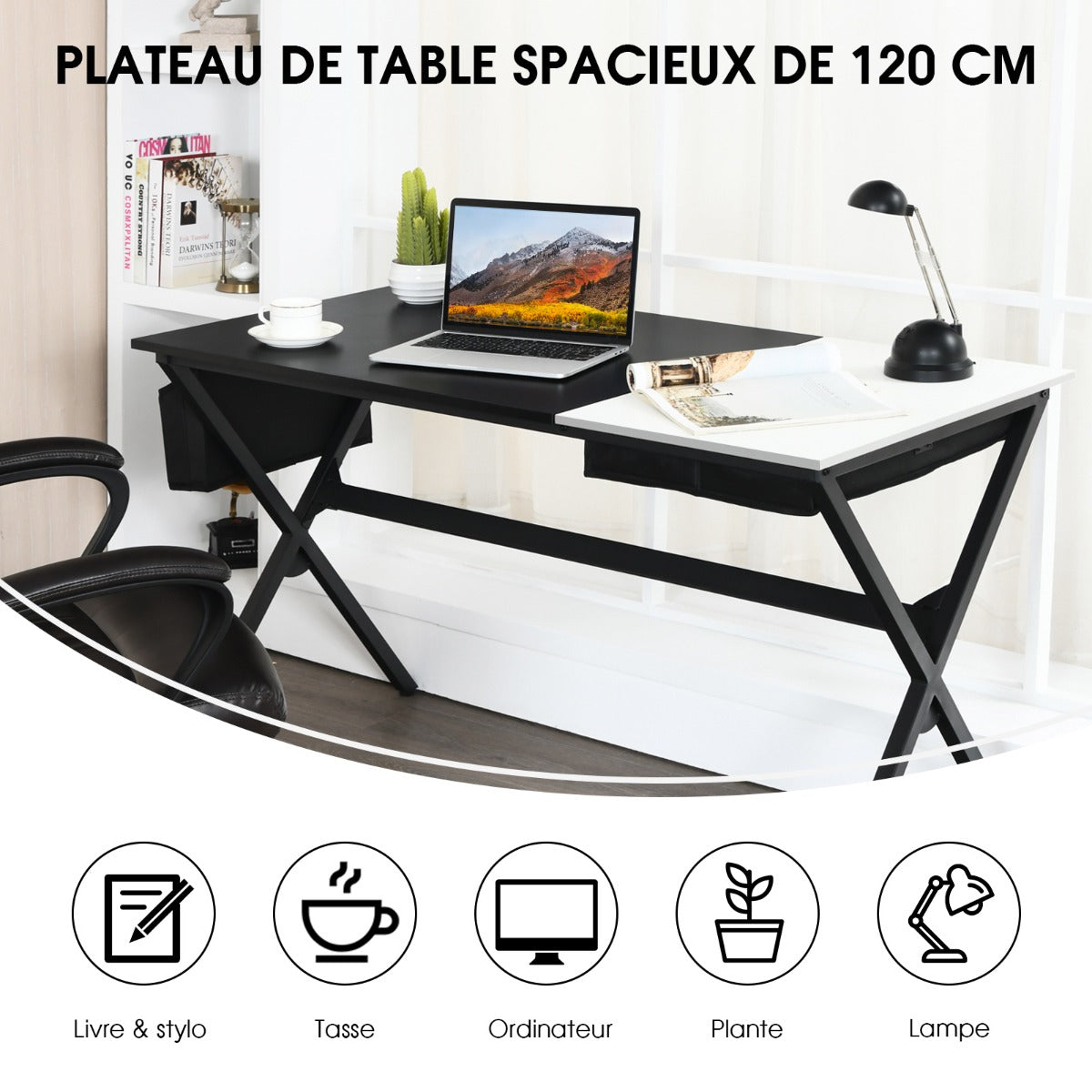 Bureau Ordinateur de 120 cm, Bureau Informatique, Bureau Moderne, Table de Bureau, Poste de Travail, Costway, 8