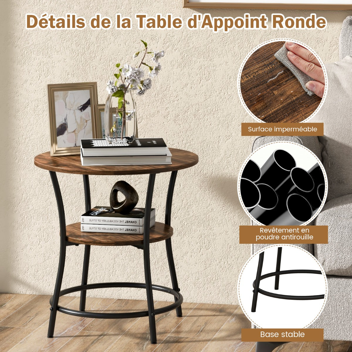 Table Basse Ronde, Dia.55 CM, Table d'appoint, Table de salon, Petite Table, Style Industrielle,2 Niveaux, Marron, Costway, 5